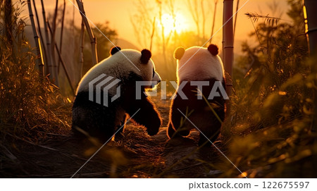 Two giant panda bear walking in the bamboo forest at sunset. Generate Ai 122675597
