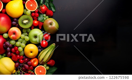 Fresh fruits and vegetables background. Healthy food concept. Top view. Generate Ai 122675598
