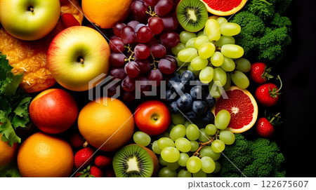 Fresh fruits and vegetables background. Healthy food concept. Top view. Generate Ai Fresh fruits and vegetables background. Healthy food concept. Top view. Generate Ai 122675607