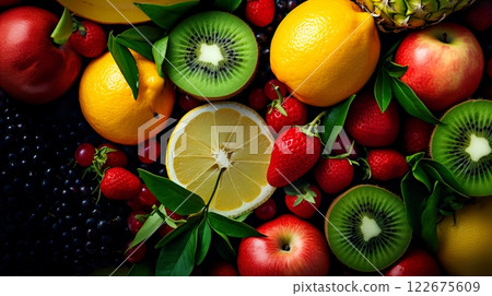 Fresh fruits and vegetables background. Healthy food concept. Top view. Generate Ai 122675609