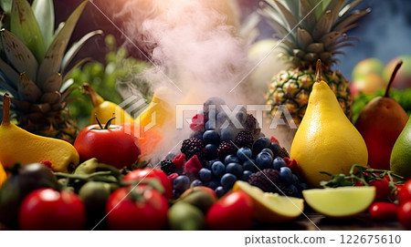 Fresh fruits and vegetables background. Healthy food concept. Top view. Generate Ai 122675610