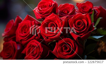 Red roses with water drops on the petals. Bouquet of red roses . Generate Ai 122675617