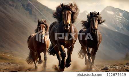 Horses galloping in the desert. 3d render illustration. Generate Ai Horses galloping in the desert. 3d render illustration. Generate Ai 122675619