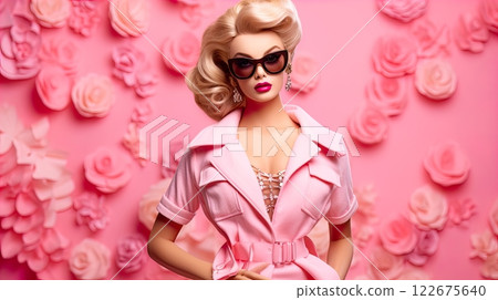 Fashionable woman with curly blonde hair and pink sunglasses on pink background .Generate Ai Fashionable woman with curly blonde hair and pink sunglasses on pink background .Generate Ai 122675640