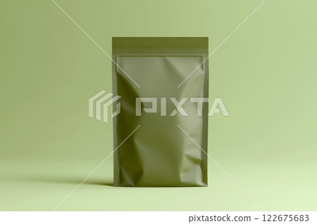 Mock up of one green foil zip bag on a mute green desk and wall background. For your design, presentation, promo, logo. Blank empty ziplock bag, space for brand name. Empty packaging, clipping path 122675683