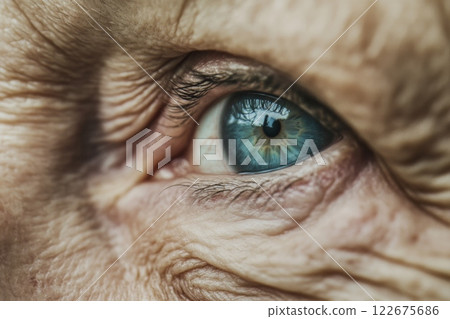 Close-up of old woman's eye, wrinkles. Macro Eye of Female Senior. Detail of older woman with green eyes. Elderly person look up side view. Wrinkled face of aged lady. Optical symptoms, health concept Close-up of old woman's eye, wrinkles. Macro Eye of Female Senior. Detail of older woman with green eyes. Elderly person look up side view. Wrinkled face of aged lady. Optical symptoms, health concept 122675686
