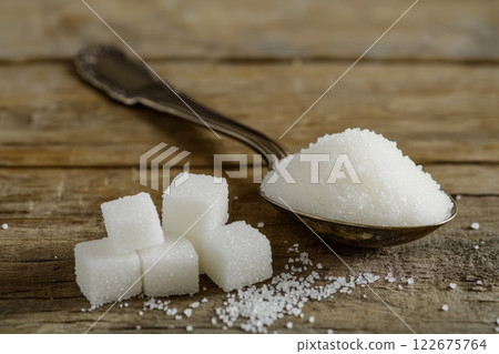 Sugar pile in a metal spoon on a wood surface. White granulated sugar and cubes. Natural seasoning. Refined sugar poured on wooden rustic table. Sugary sand. Cooking, cosmetology, spa services concept 122675764