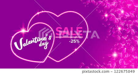 Valentines day sale horizontal banner with pink neon heart and glowing pink petals isolated on background. Valentines day sale poster with shiny pink layout and beautiful heart Valentines day sale horizontal banner with pink neon heart and glowing pink petals isolated on background. Valentines day sale poster with shiny pink layout and beautiful heart 122675849