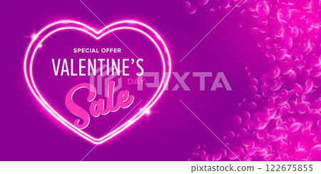 Valentines day sale horizontal banner with pink neon heart and glowing pink petals isolated on background. Valentines day sale poster with shiny pink layout and beautiful heart Valentines day sale horizontal banner with pink neon heart and glowing pink petals isolated on background. Valentines day sale poster with shiny pink layout and beautiful heart 122675855