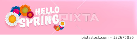 Hello spring pink horizontal banner with text and flowers on soft pink background with pink clouds. hello spring slogan or label isolated on pink background. Springtime banner and header 122675856
