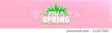Hello spring pink horizontal banner with text and flowers on soft pink background with pink clouds. hello spring slogan or label isolated on pink background. Springtime banner and header 122675867