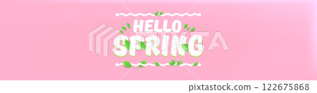 Hello spring pink horizontal banner with text and flowers on soft pink background with pink clouds. hello spring slogan or label isolated on pink background. Springtime banner and header 122675868