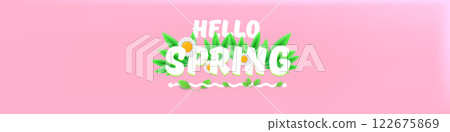Hello spring pink horizontal banner with text and flowers on soft pink background with pink clouds. hello spring slogan or label isolated on pink background. Springtime banner and header 122675869