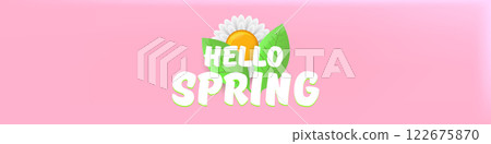 Hello spring pink horizontal banner with text and flowers on soft pink background with pink clouds. hello spring slogan or label isolated on pink background. Springtime banner and header 122675870