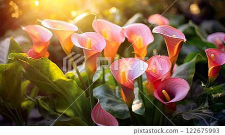 Colorful tulips with water drops on grey background. Top view. Generate Ai 122675993
