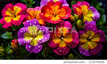 colorful primroses in the garden, selective focus, nature background . Generate Ai 122676006