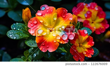 colorful primroses in the garden, selective focus, nature background . Generate Ai 122676009