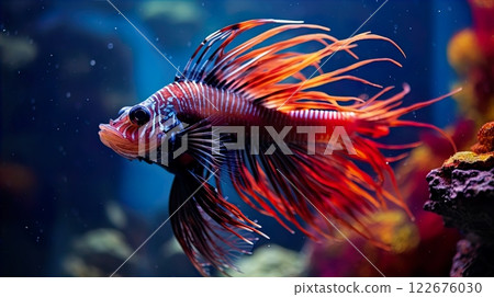 Siamese fighting fish (Betta splendens) in aquarium . Generate Ai Siamese fighting fish (Betta splendens) in aquarium . Generate Ai 122676030