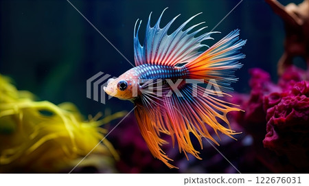 Siamese fighting fish (Betta splendens) in aquarium . Generate Ai 122676031