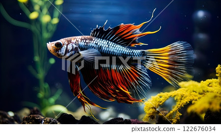 Siamese fighting fish (Betta splendens) in aquarium . Generate Ai 122676034