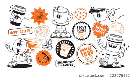 Coffee stickers. Groovy drink character. Funky patches with bean, coffee cup to go, cappuccino, espresso, text phrases for coffee shop. Comic cafe menu label. Vector set 122676182