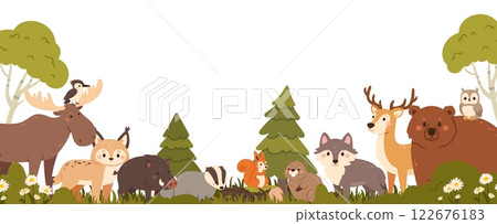 Forest animals. Cartoon background with woodland mammal. Wild animal banner with bear, cute deer, wolf, funny beaver, squirrel, wild boar, trees, bushes. Kids vector poster Forest animals. Cartoon background with woodland mammal. Wild animal banner with bear, cute deer, wolf, funny beaver, squirrel, wild boar, trees, bushes. Kids vector poster 122676183