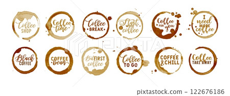 Coffee stains labels. Stickers with coffee lettering. Watercolor black coffee ring, tea badge with text. Circle stamp cups cafe logos. Drops, splashes mark. Vector sign set 122676186