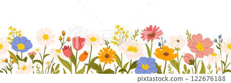Flower border. Seamless cartoon floral spring flowers. Garden blooming, stem, leaves, plants. Wildflower meadow blossoms. Springtime floral frame. Botanic vector background Flower border. Seamless cartoon floral spring flowers. Garden blooming, stem, leaves, plants. Wildflower meadow blossoms. Springtime floral frame. Botanic vector background 122676188