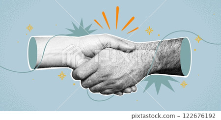 Collage halftone handshake. Retro stipple handshaking. Paper cut out texture hands. Good partner deal concept. Successful business partnership agreement. Vector banner 122676192
