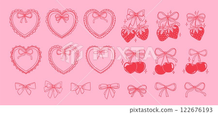 Retro heart frame. Coquette cherry, strawberry with ribbon. Vintage ruffles and bows heart frame. Pink girly berry decorative elements. Vector Valentines Day set 122676193