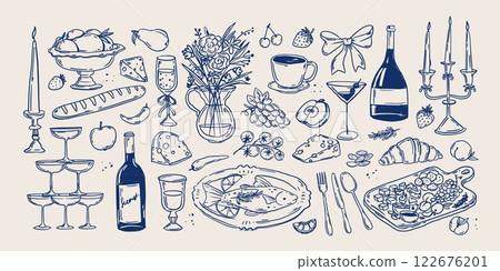 Hand drawn food and drinks. Doodle beverages, flowers. La dolce vita style fruit, dishes, glass, candles for wedding dinner. Design for cafe menu, social media vector set 122676201