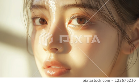 Woman with white face and brown hair posing against a neutral background for portrait photography 122676230