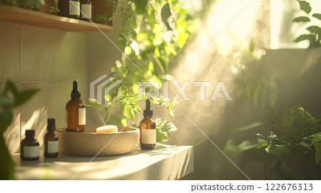 Modern bathroom interior featuring a sink and a decorative plant on the countertop 122676313