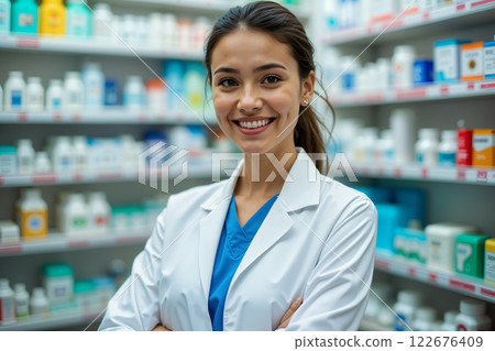 Pharmacist in white lab coat. 122676409