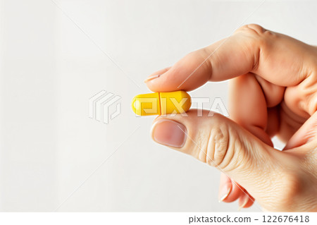 Hand holding yellow capsule pill. 122676418