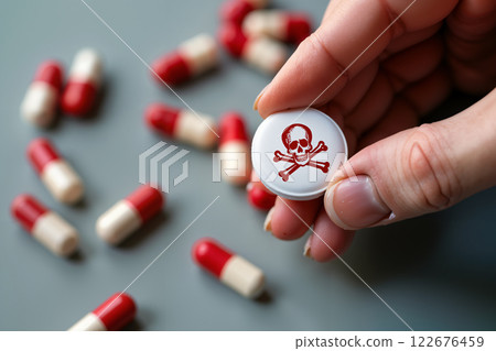 Hand holding pill with skull and crossbones. 122676459