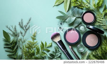 Various makeup products arranged on a green background for beauty and cosmetics display Various makeup products arranged on a green background for beauty and cosmetics display 122676486