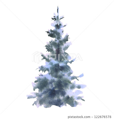 Watercolor illustration snowy fir tree. Hand painted Christmas woodland forest winter scene, snowflakes, fir tree, isolated on white background. 122676578