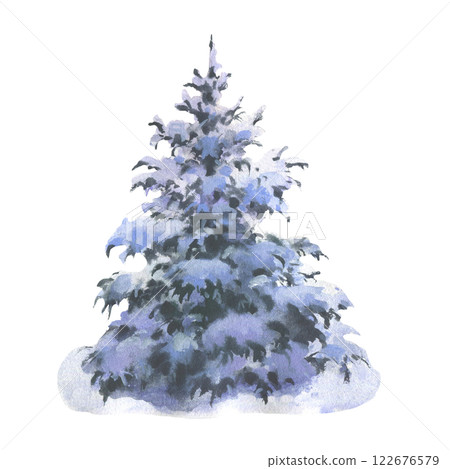 Watercolor illustration snowy fir tree. Hand painted Christmas woodland forest winter scene, snowflakes, fir tree, isolated on white background. 122676579