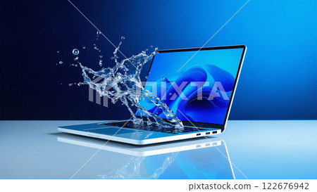 stream of water pours on the laptop. notebook with water splashing 122676942