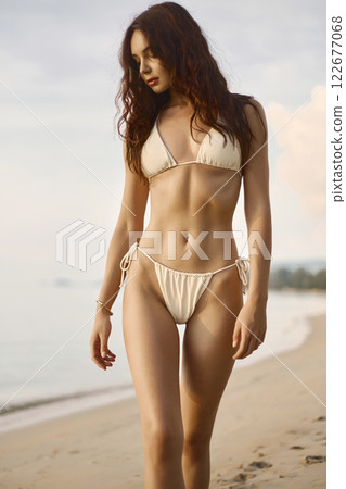 Beautiful body woman on the beach. Sexy girl in Bikini at sunset time Beautiful body woman on the beach. Sexy girl in Bikini at sunset time 122677068