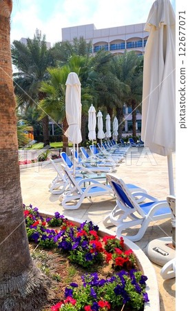 Luxurious hotel poolside with loungers, palm trees, beachfront setting, colorful garden, peaceful retreat for every tourist, ideal luxurious hotel escape. Luxurious hotel poolside with loungers, palm trees, beachfront setting, colorful garden, peaceful retreat for every tourist, ideal luxurious hotel escape. 122677071