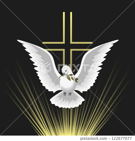 Flying Dove Holy Spirit hand drawn vector icon. Christian holiday Pentecost Trinity Sunday concept. Dove with olive branch church sacrament biblical symbol. Christian religious illustration background Flying Dove Holy Spirit hand drawn vector icon. Christian holiday Pentecost Trinity Sunday concept. Dove with olive branch church sacrament biblical symbol. Christian religious illustration background 122677077