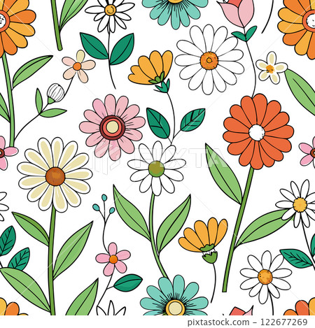 Wildflower Floral Seamless Pattern Vector for Textile, Wallpaper, and Packaging Design Illustration 122677269