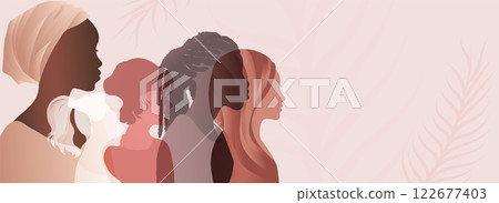 Group silhouette of multicultural women. Women s history month. International women s day. Banner copy space. Empowerment inclusion - Diversity - equality - or girl power concept 122677403