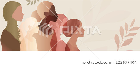 Group silhouette of multicultural women. Women s history month. International women s day. Banner copy space. Empowerment inclusion - Diversity - equality - or girl power concept 122677404