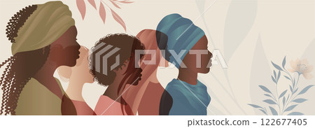 Group silhouette of multicultural women. Women s history month. International women s day. Banner copy space. Empowerment inclusion - Diversity - equality - or girl power concept 122677405