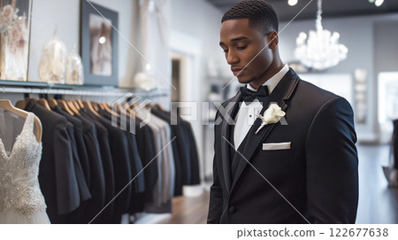 A young handsome black man trying on a black tuxedo in a dressing room of a boutique preparing for wedding day. Luxury fashion store fitting room. This is AI-generated item 122677638