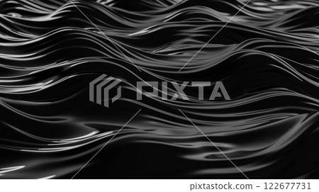 Black abstract wave 3d visualisation. Wallpaper with intricate design. Background for posters and banners. Wavy liquid surface. Dark water in the sea. This is AI-generated item 122677731