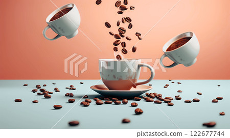 A ceramic peach colour cup on a table, brown coffee beans falling down. Morning drink with caffeine. Cups fly in the air on pale orange background. This is AI-generated item 122677744